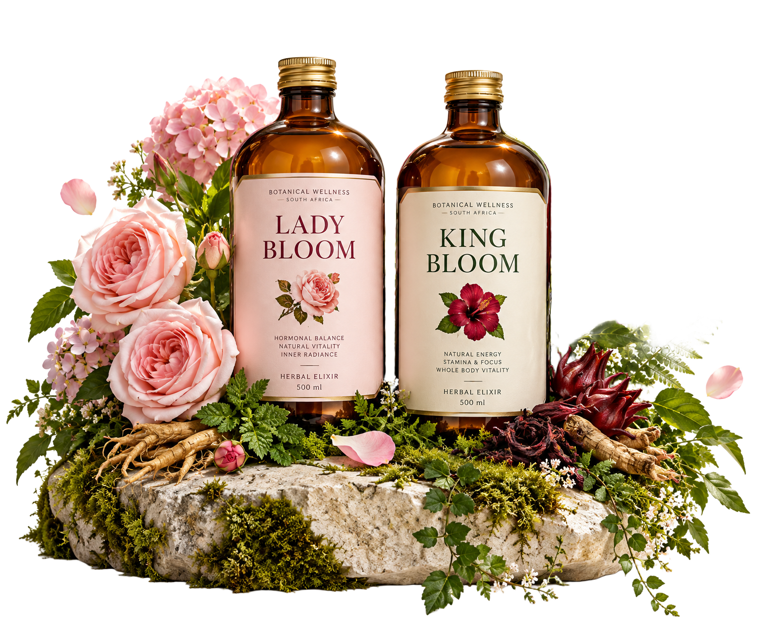Lady Bloom and King Bloom botanical wellness bottles in a lush garden